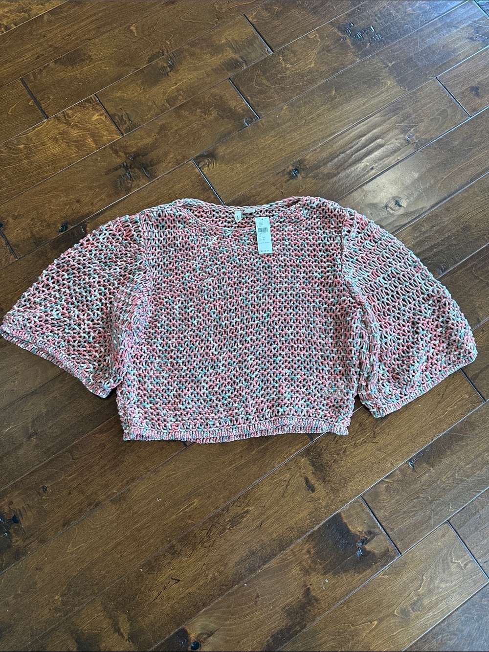 Moth Cropped Open-Knit Puff Sleeve Sweater